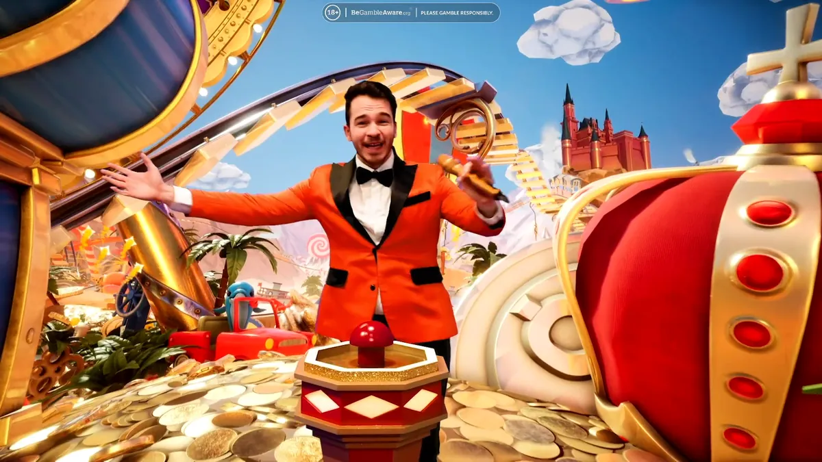 Il conduttore di Crazy Time in giacca arancione nel mondo animato del round bonus
