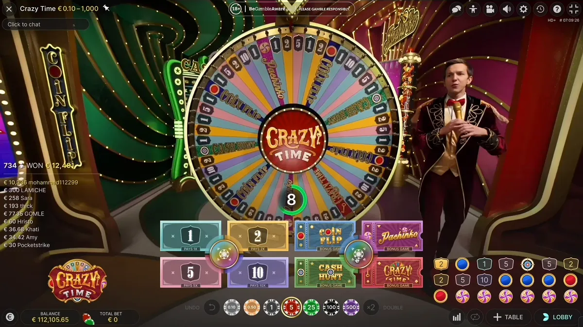 La ruota di Crazy Time con il tabellone delle puntate